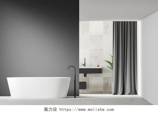 时尚的浴室内部有灰色白色和瓷砖墙壁白色地板